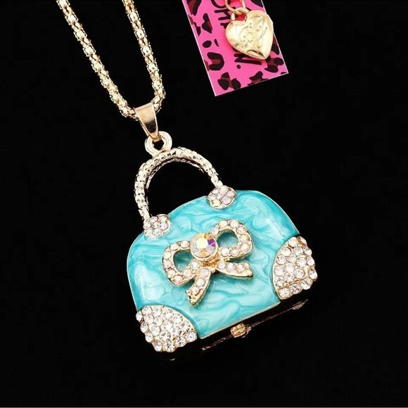Enamel Crystal Bowknot Handbag Pendant Necklace NWOT - Picture 2 of 3